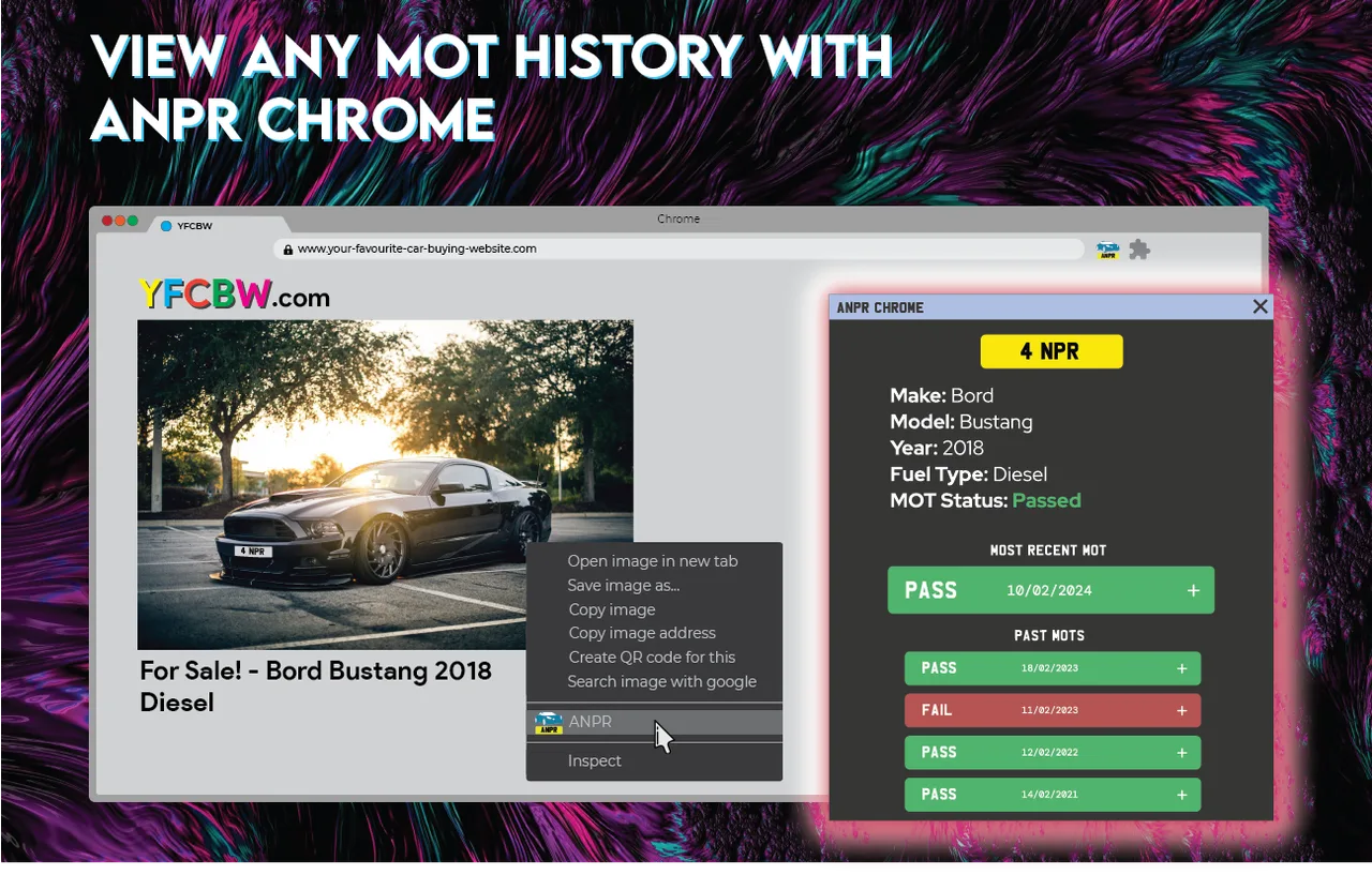 A car listing in Chrome. The right-click menu shows ANPR, and the MOT history popup is open beside the photo.